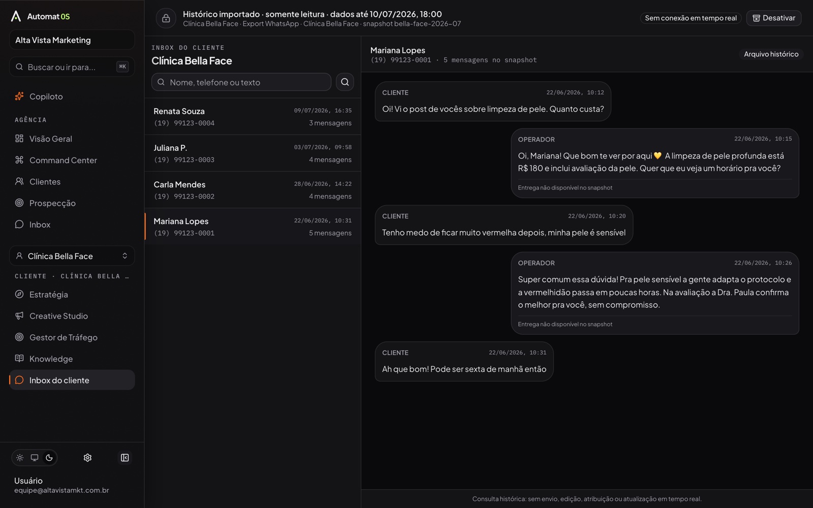 Inbox do cliente no Automat OS: histórico de conversas de WhatsApp importado, somente leitura, com busca por nome, telefone ou texto