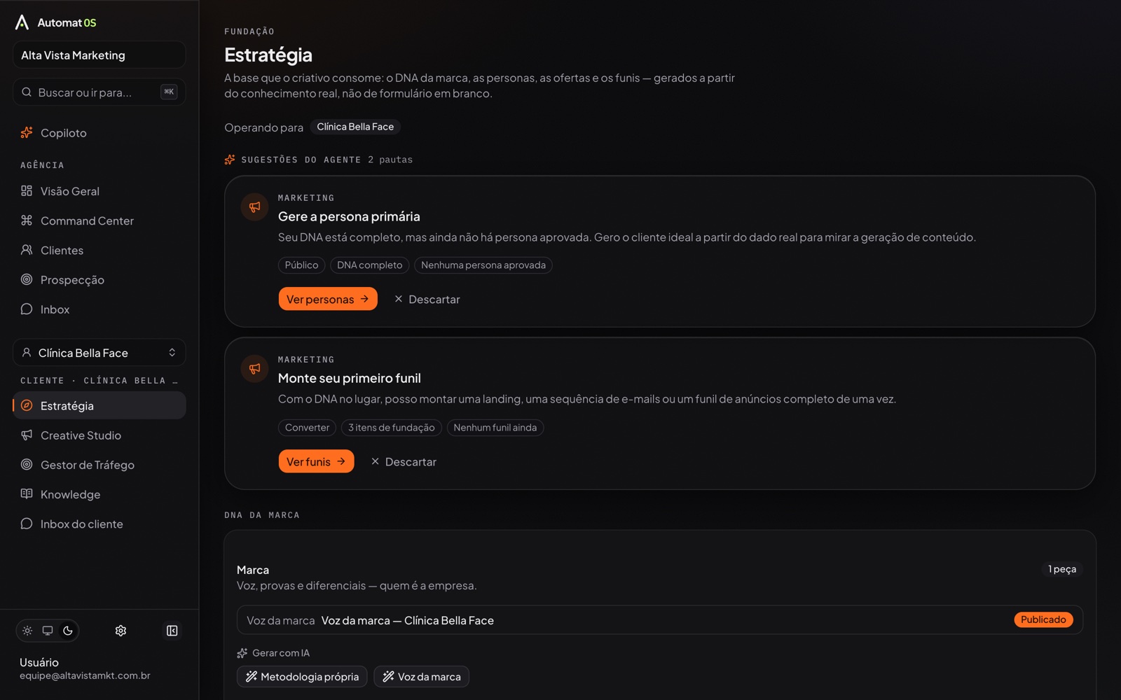 Estratégia por cliente no Automat OS: operando para um cliente da agência, com sugestões do agente e DNA da marca publicado